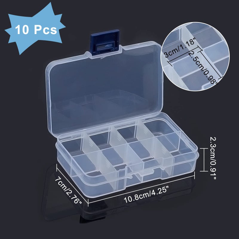 NBEADS 10 Pack 8 Grids Mini Plastic Organizer Box, 2.7x4.2x0.8inch Clear Plastic Jewelry Dividers Box Organizer Small Tackle Boxes Jewelry Storage Container for Beads Small Items Findings Storage - Image 3